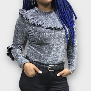 Trouvé Silver & Black Glitter Long Sleeve Ruffle Stretch Knit Top Size Medium